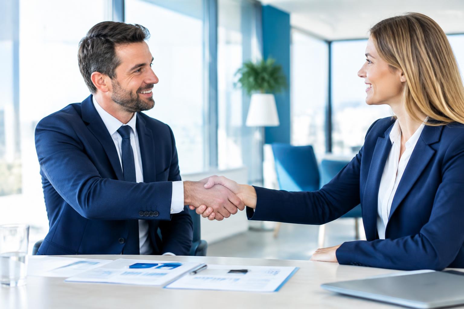 Handschlag zwischen Kandidat und Unternehmen – Vermittlung passender Kontakte durch Exact Personalmanagement